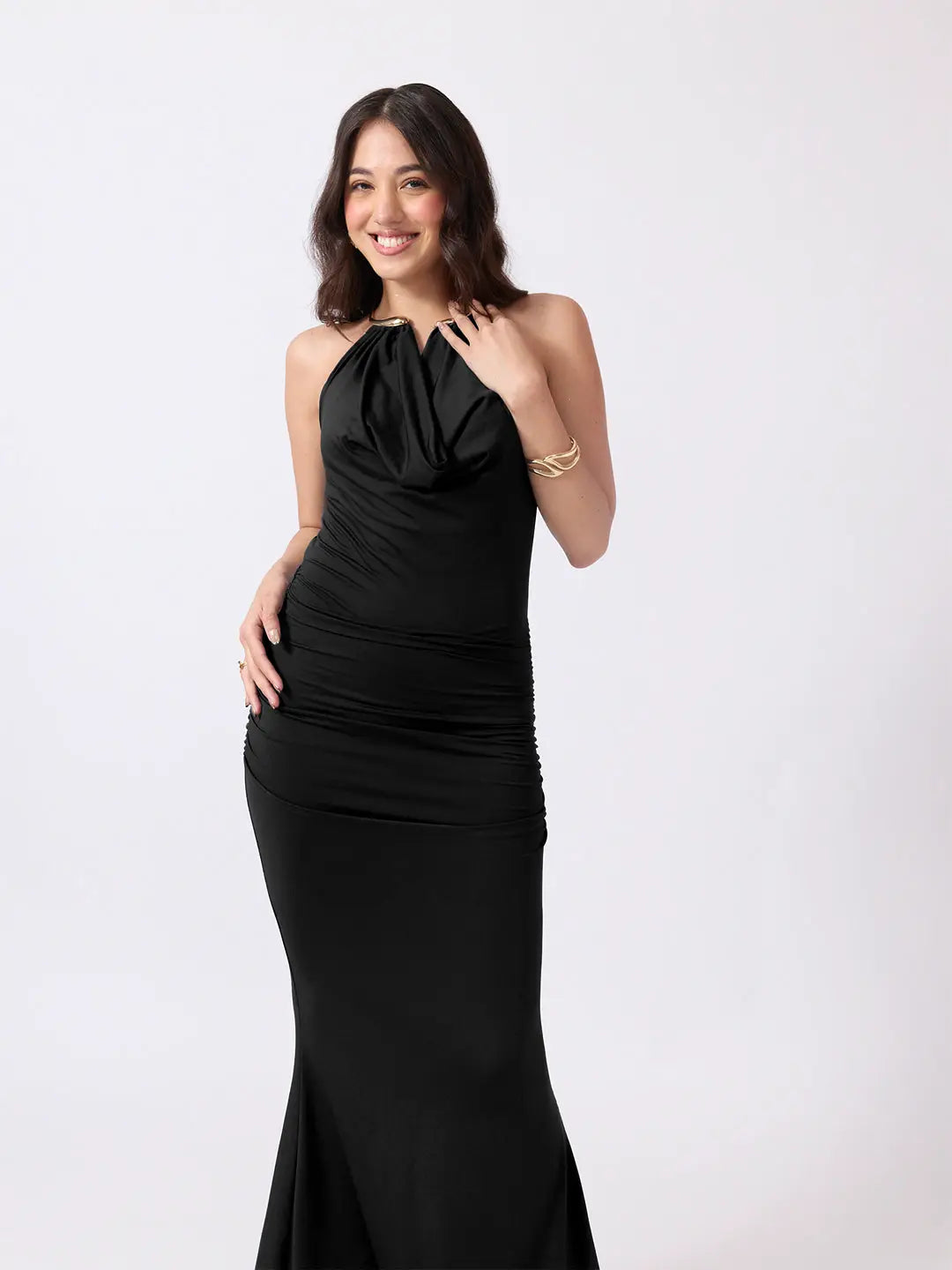 Women's Black Bodycon Maxi Dress with Ruched Waist & Flared Hem