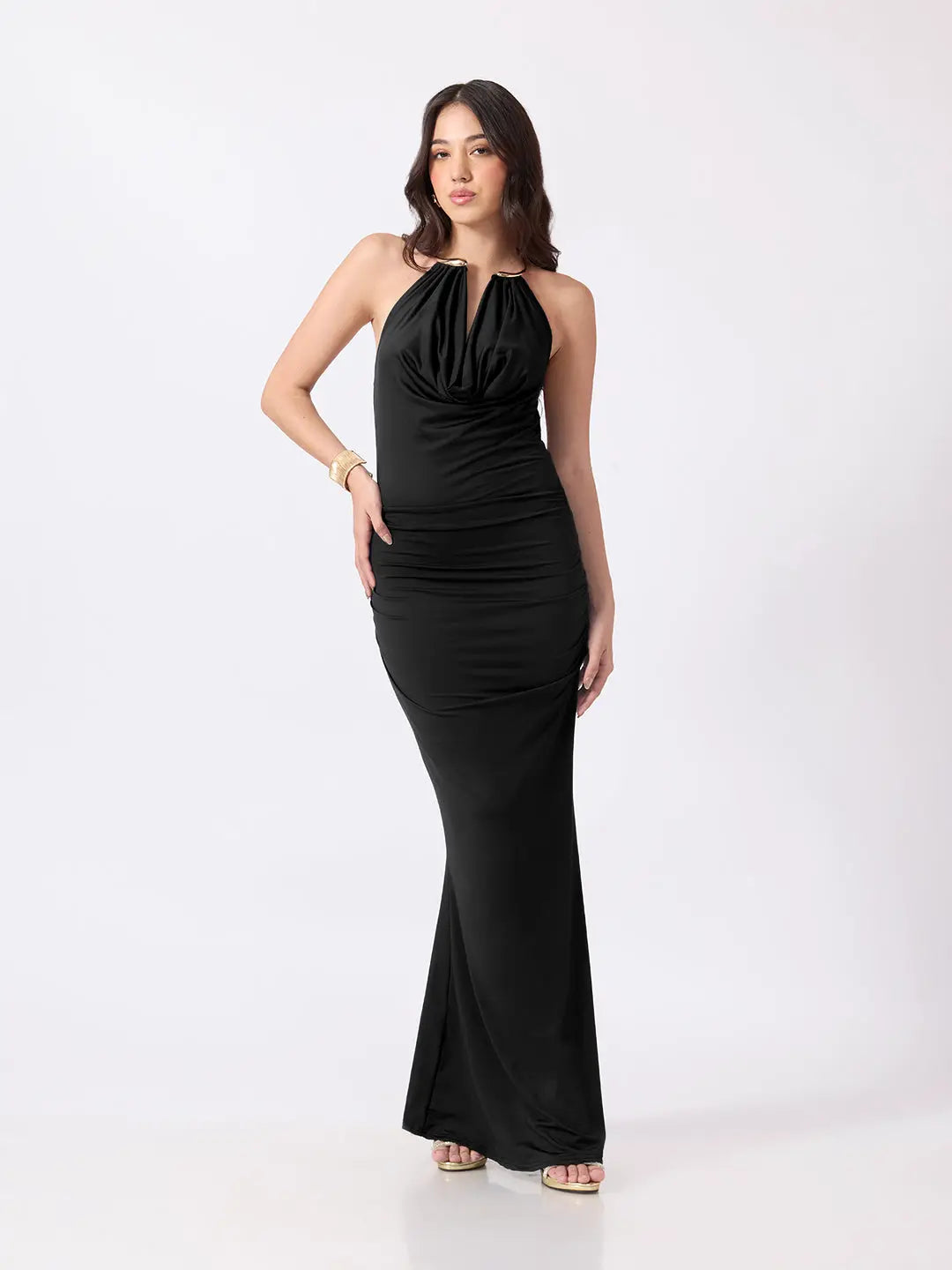 Women's Black Bodycon Maxi Dress with Ruched Waist & Flared Hem