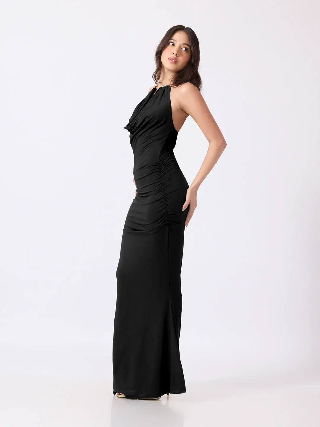 Women's Black Bodycon Maxi Dress with Ruched Waist & Flared Hem