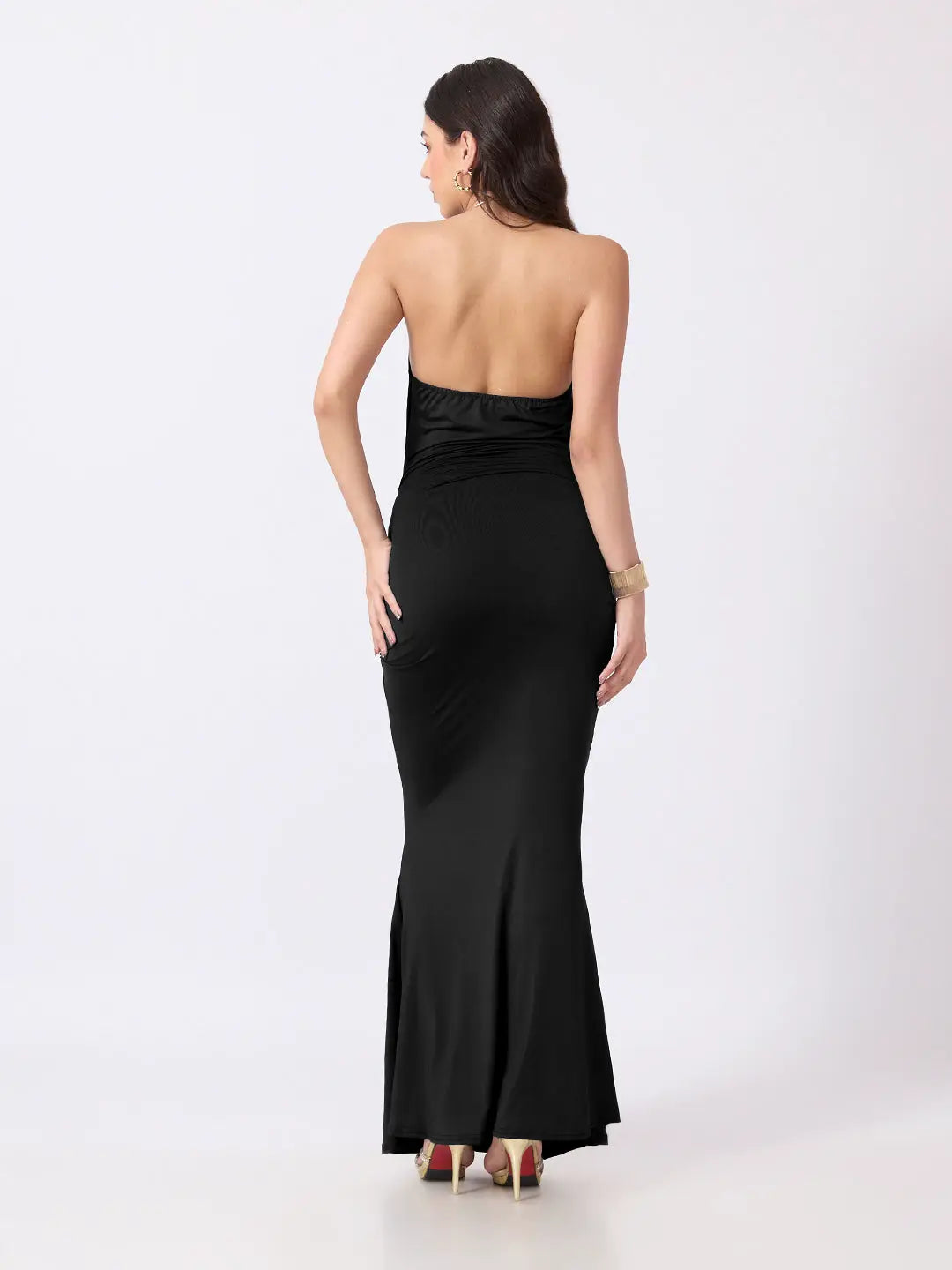 Women's Black Bodycon Maxi Dress with Ruched Waist & Flared Hem