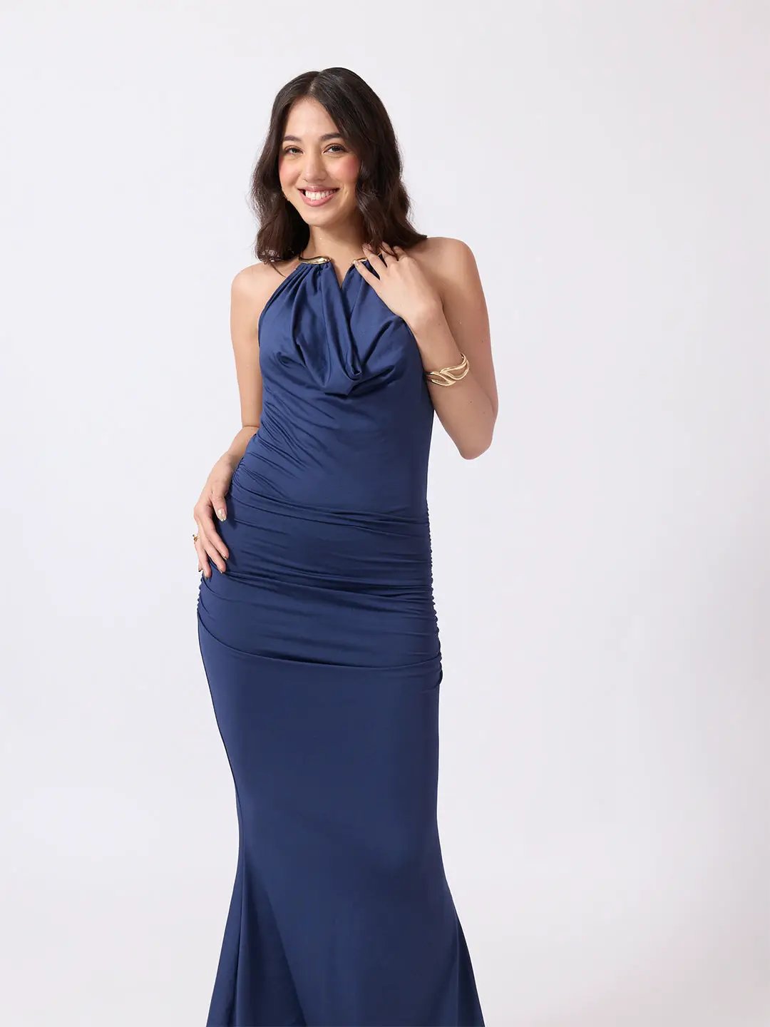 Women's Blue Cowl Neck Bodycon Maxi Dress with Ruched Waist & Flared Hem