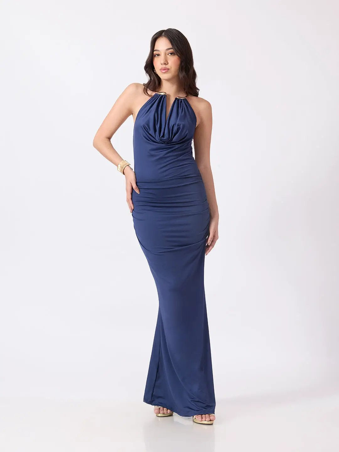 Women's Blue Cowl Neck Bodycon Maxi Dress with Ruched Waist & Flared Hem