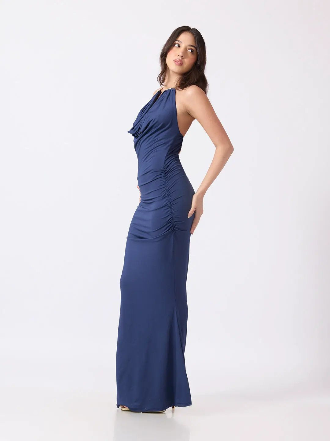 Women's Blue Cowl Neck Bodycon Maxi Dress with Ruched Waist & Flared Hem