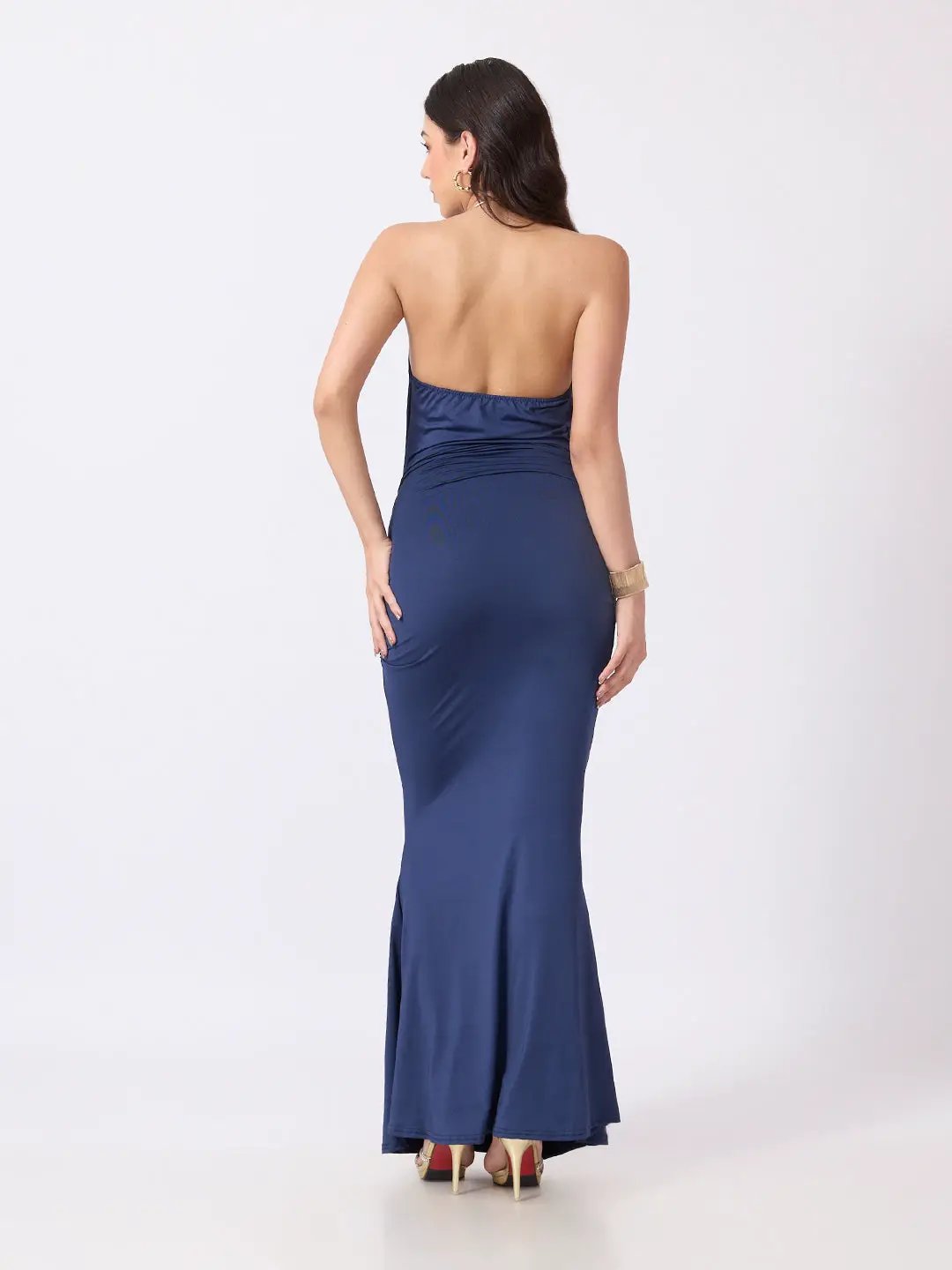 Women's Blue Cowl Neck Bodycon Maxi Dress with Ruched Waist & Flared Hem