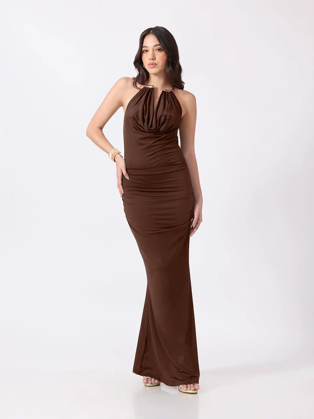 Women's Brown Bodycon Maxi Dress with Ruched Waist & Flared Hem
