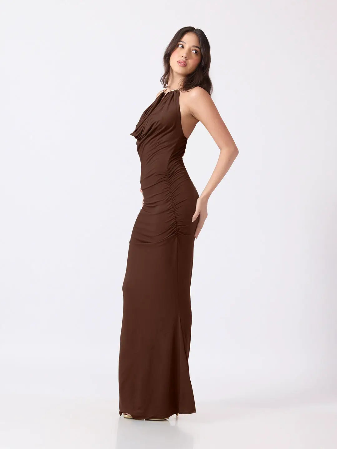 Women's Brown Bodycon Maxi Dress with Ruched Waist & Flared Hem