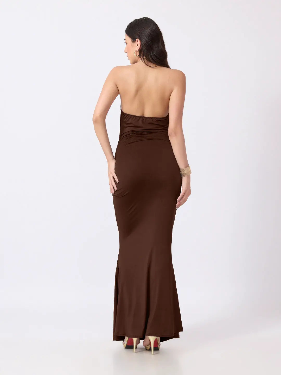 Women's Brown Bodycon Maxi Dress with Ruched Waist & Flared Hem