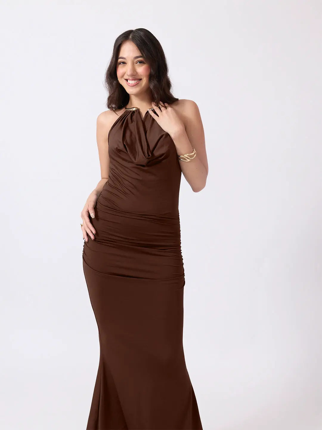 Women's Brown Bodycon Maxi Dress with Ruched Waist & Flared Hem