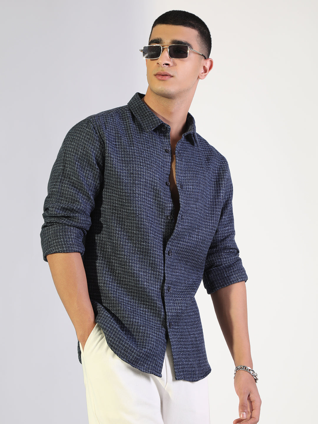 Men's Houndstooth Navy Blue Regular Fit Shirt