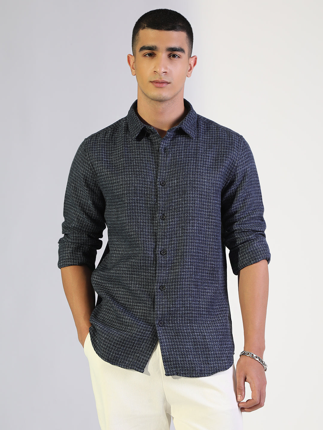 Men's Houndstooth Navy Blue Regular Fit Shirt