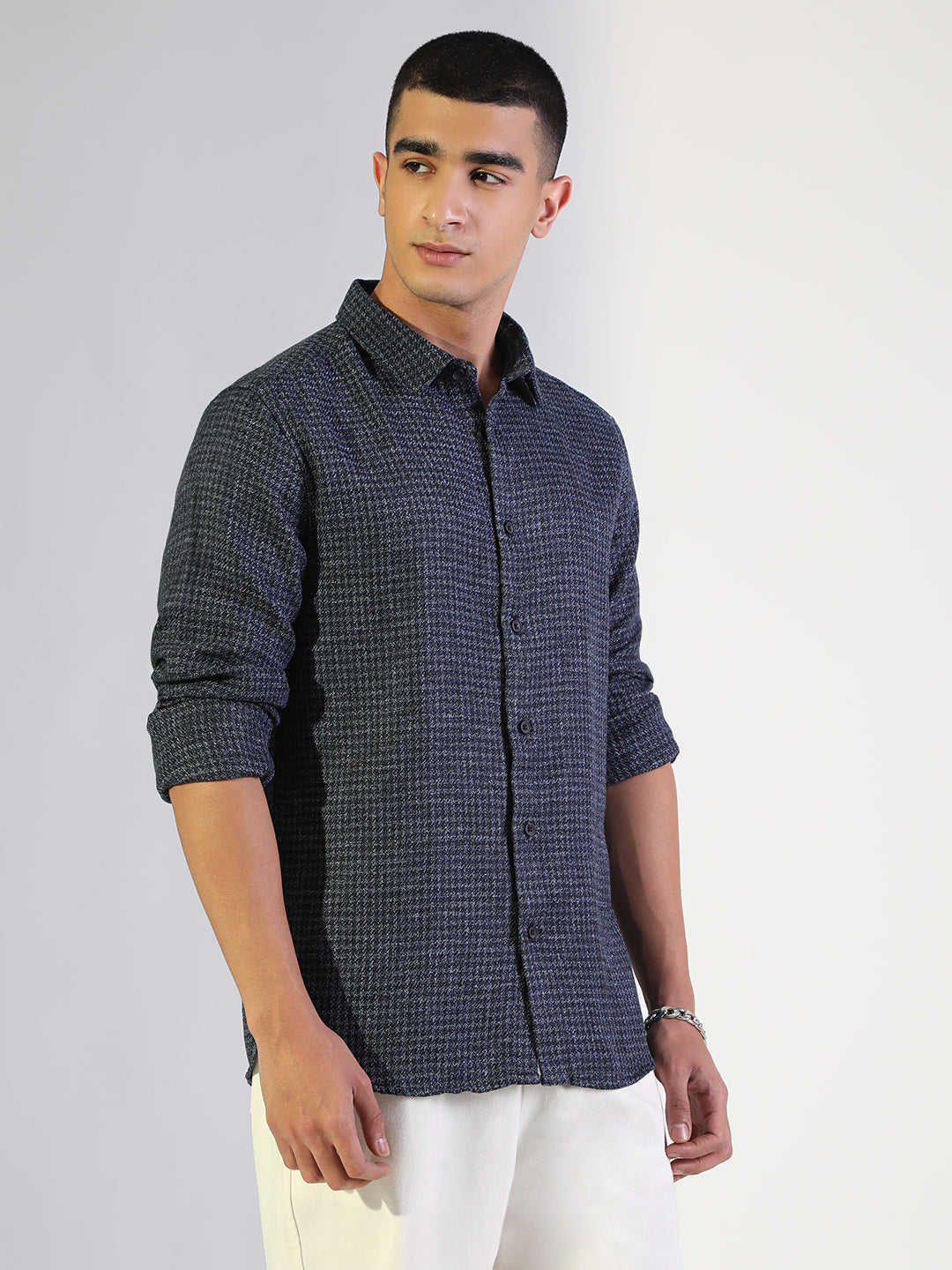 Men's Houndstooth Navy Blue Regular Fit Shirt