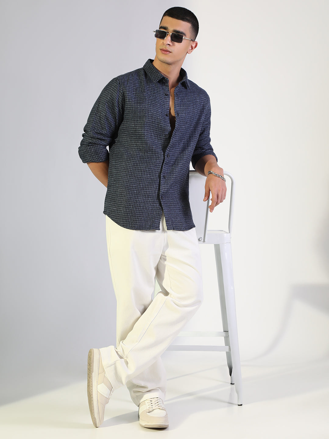 Men's Houndstooth Navy Blue Regular Fit Shirt