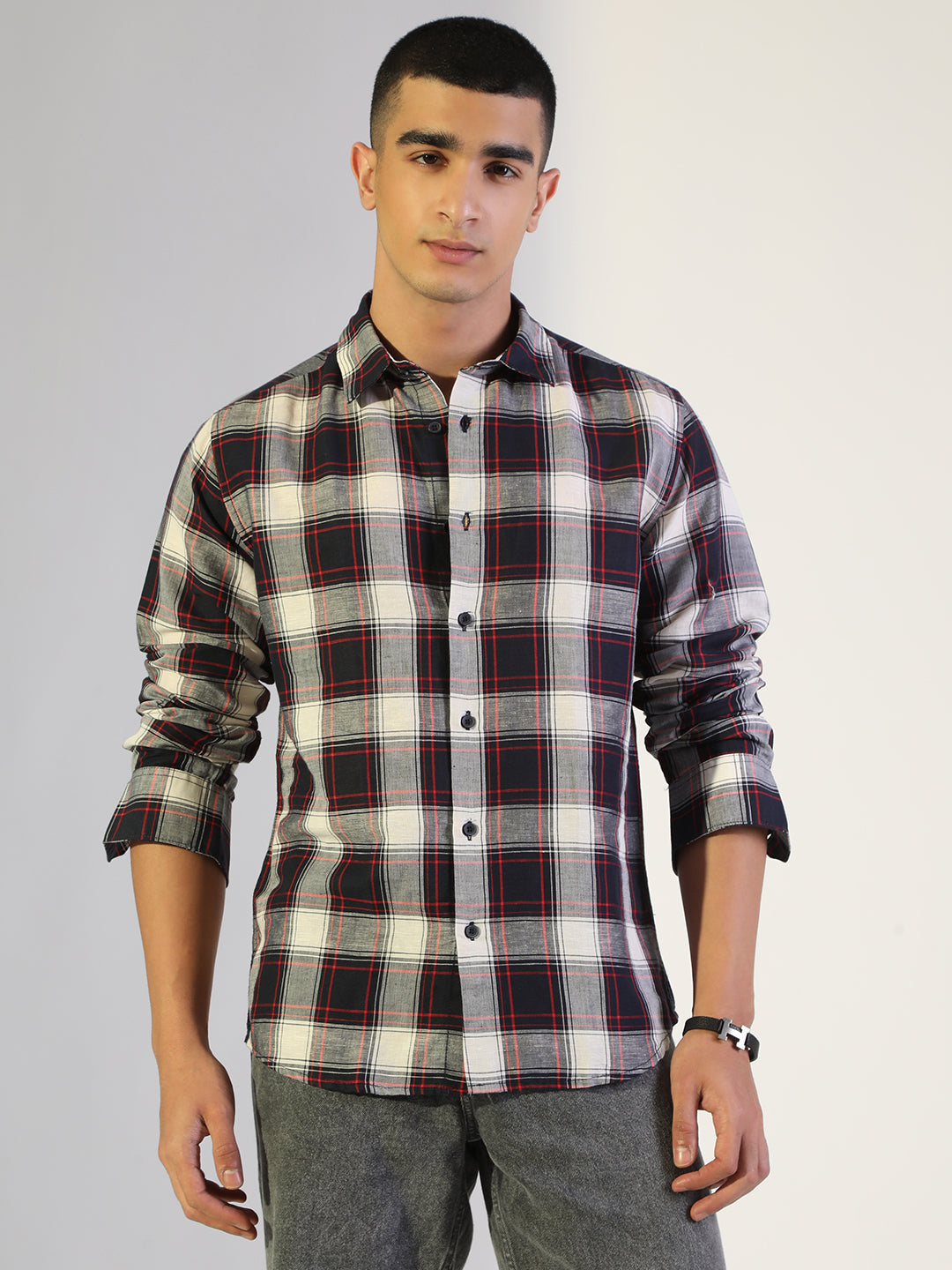 Men's Checked Navy Blue Regular Fit Casual Shirt