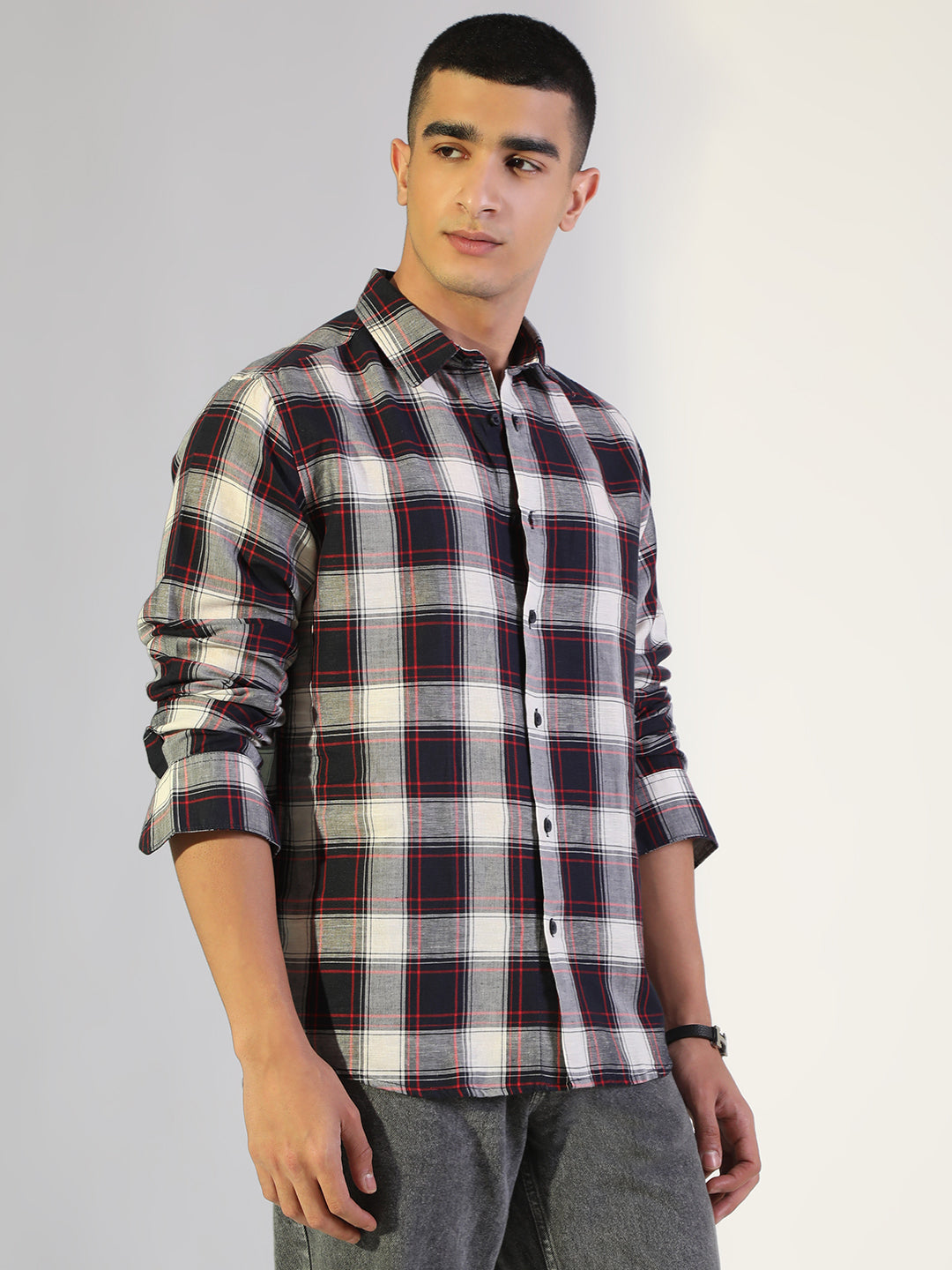 Men's Checked Navy Blue Regular Fit Casual Shirt