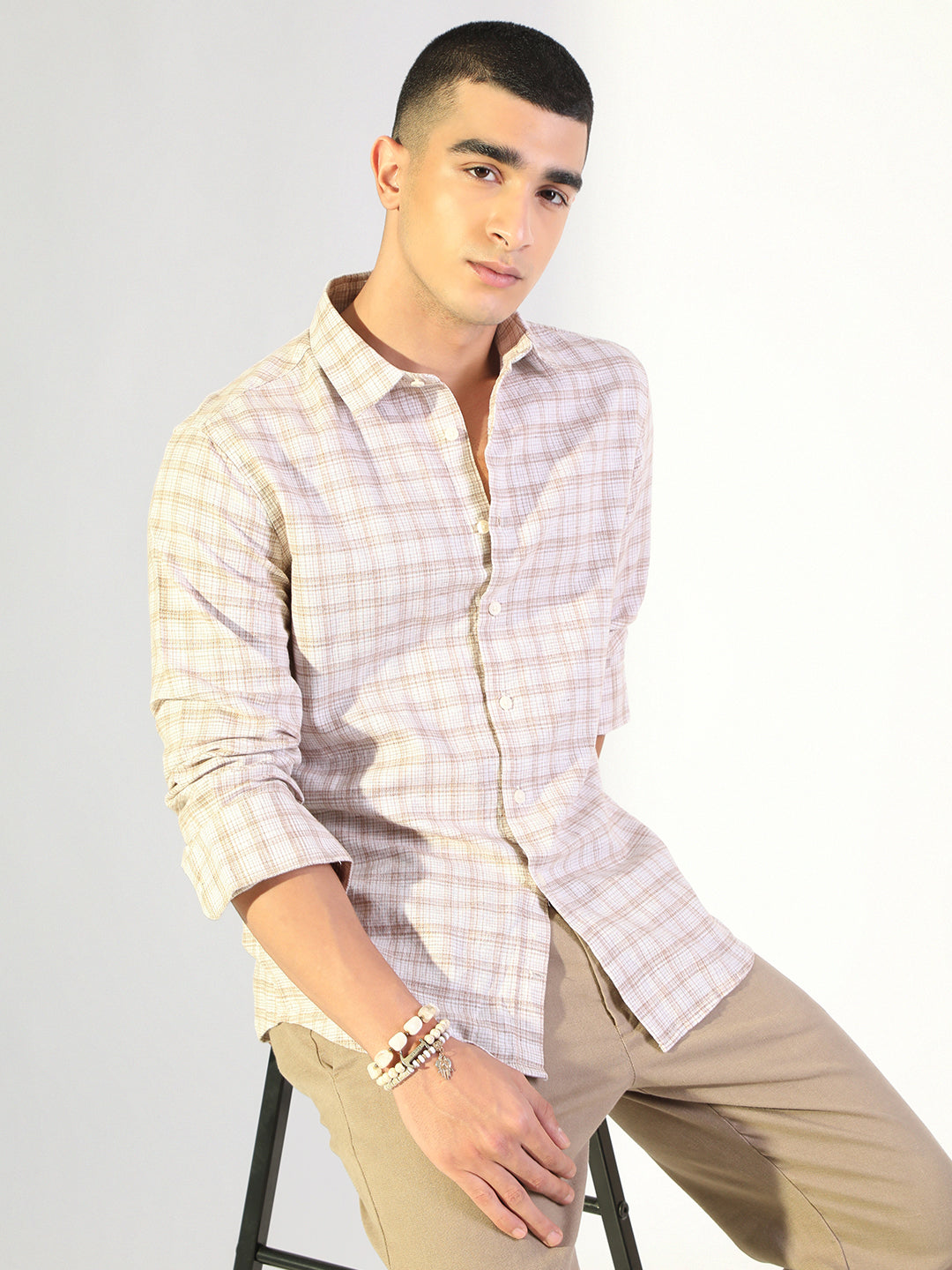 Men's Checked Beige Regular Fit Casual Shirt