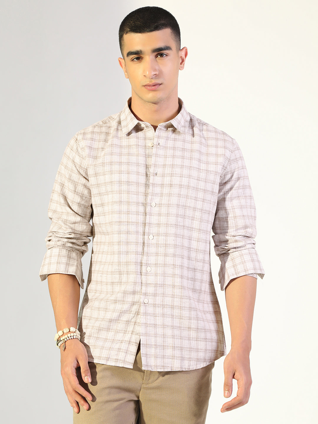 Men's Checked Beige Regular Fit Casual Shirt
