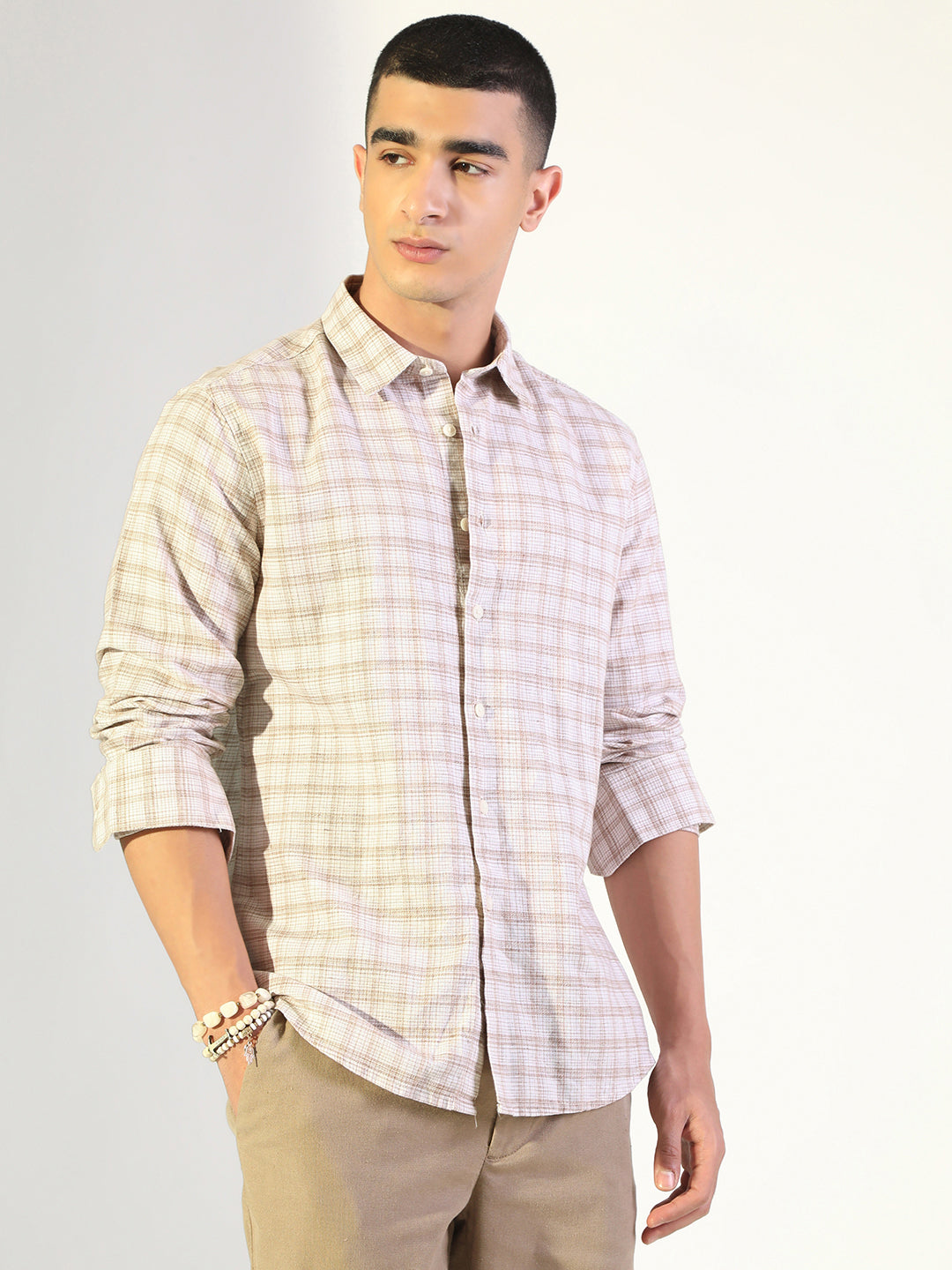 Men's Checked Beige Regular Fit Casual Shirt