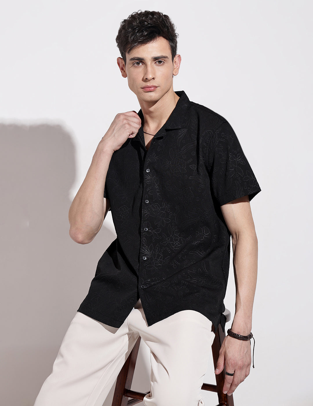 Men’s Black Short Sleeve Cuban Collar Shirt with Floral Design