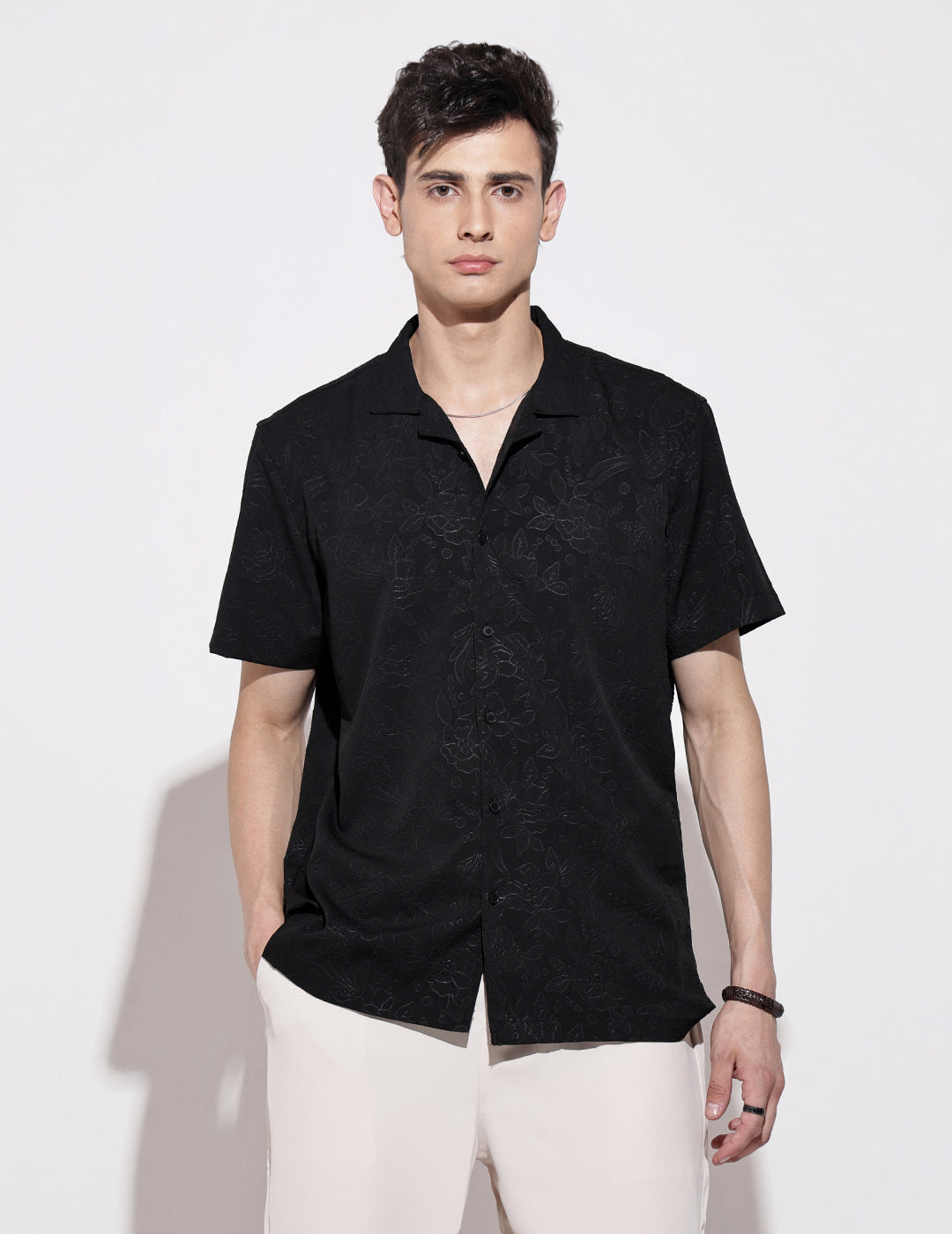 Men’s Black Short Sleeve Cuban Collar Shirt with Floral Design