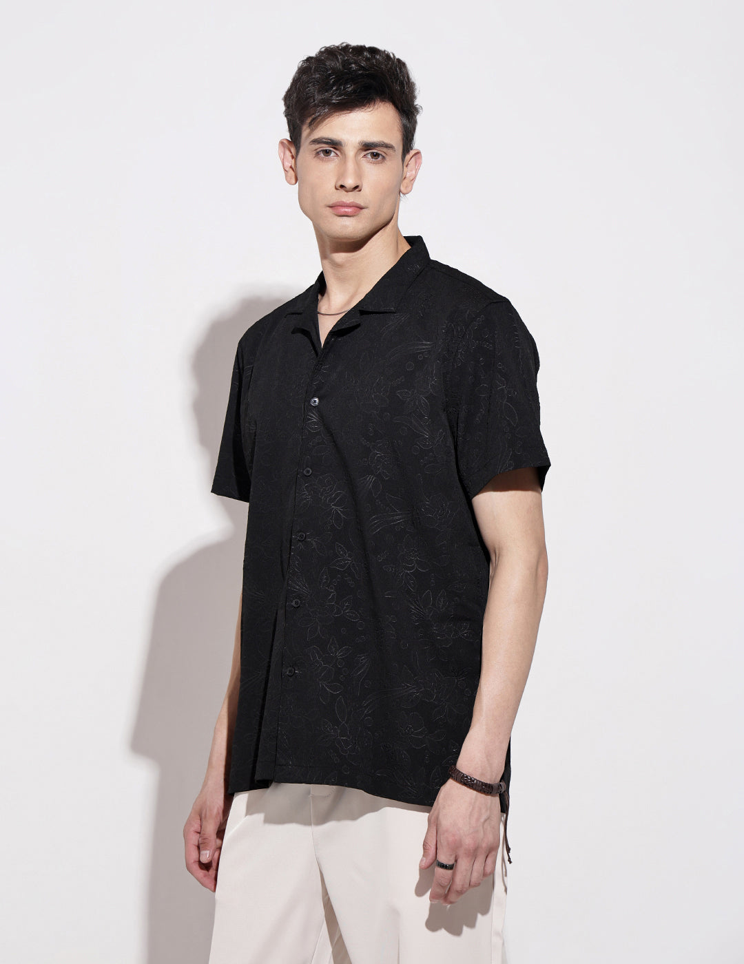 Men’s Black Short Sleeve Cuban Collar Shirt with Floral Design