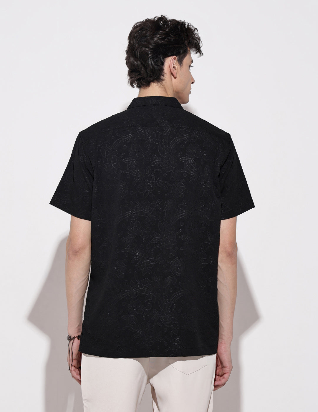 Men’s Black Short Sleeve Cuban Collar Shirt with Floral Design