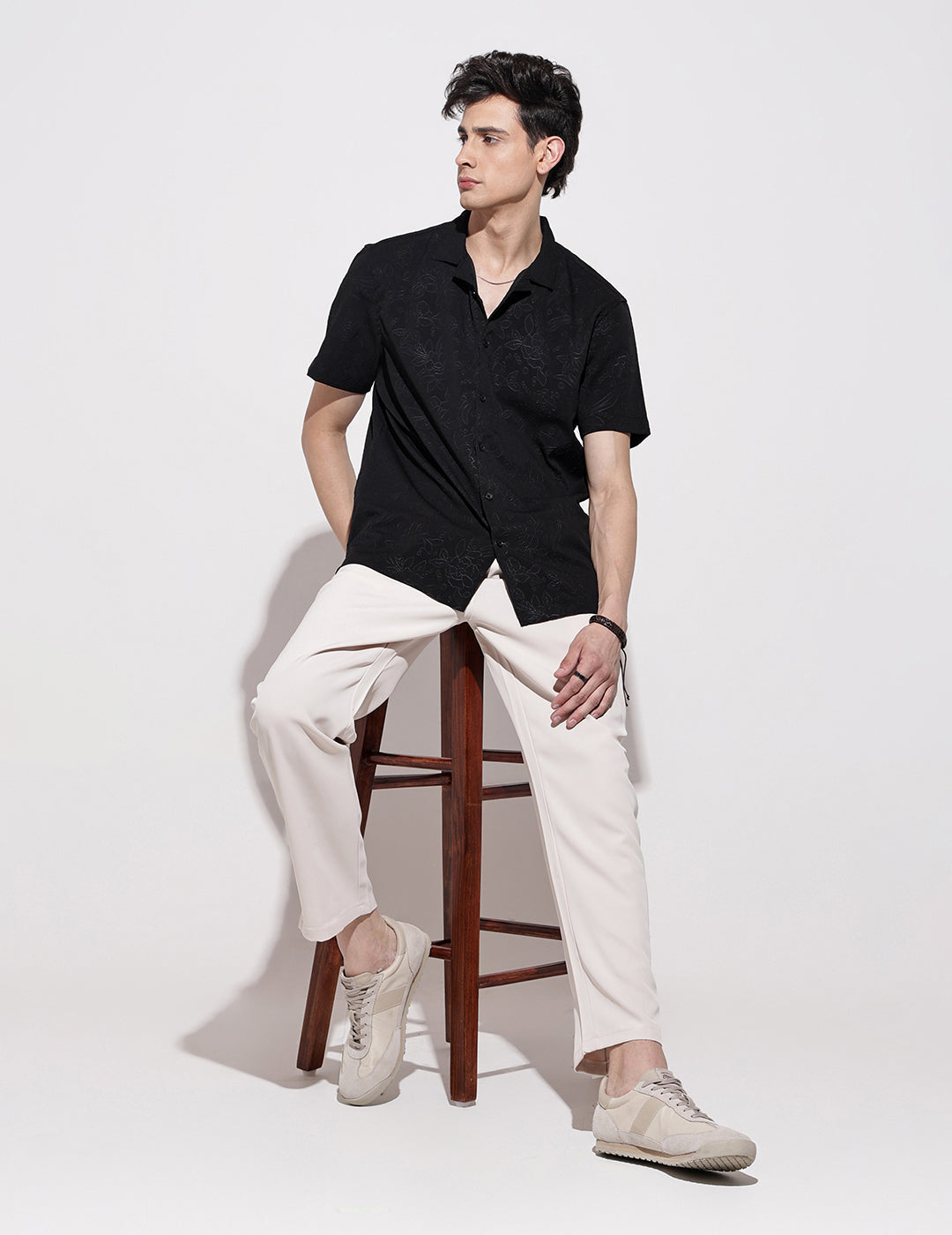 Men’s Black Short Sleeve Cuban Collar Shirt with Floral Design