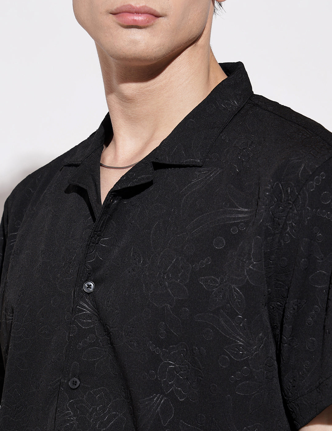 Men’s Black Short Sleeve Cuban Collar Shirt with Floral Design