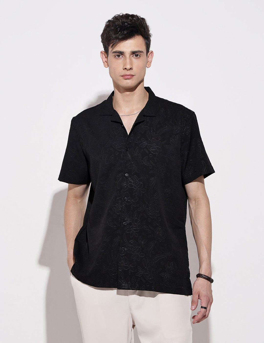 Men’s Black Short Sleeve Cuban Collar Shirt with Floral Design