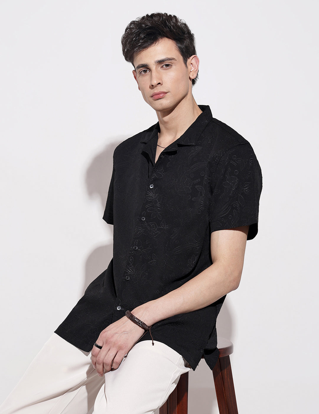 Men’s Black Short Sleeve Cuban Collar Shirt with Floral Design