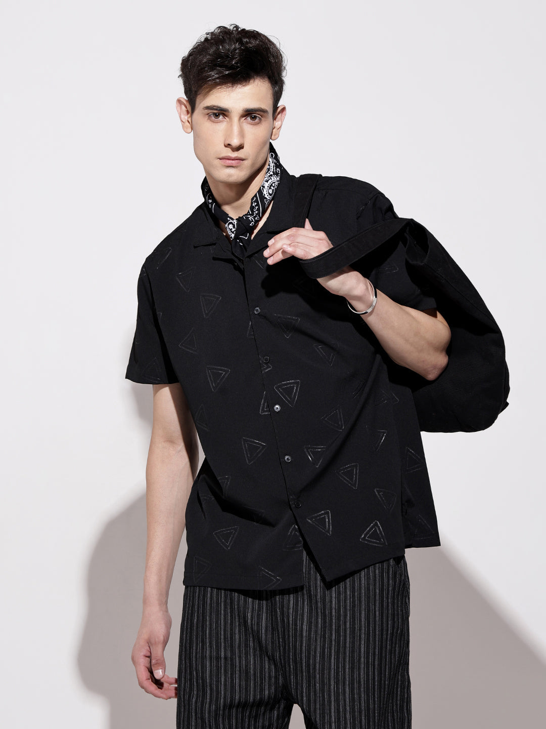 Men’s Black Short Sleeve Cuban Collar Shirt with Geometric Pattern