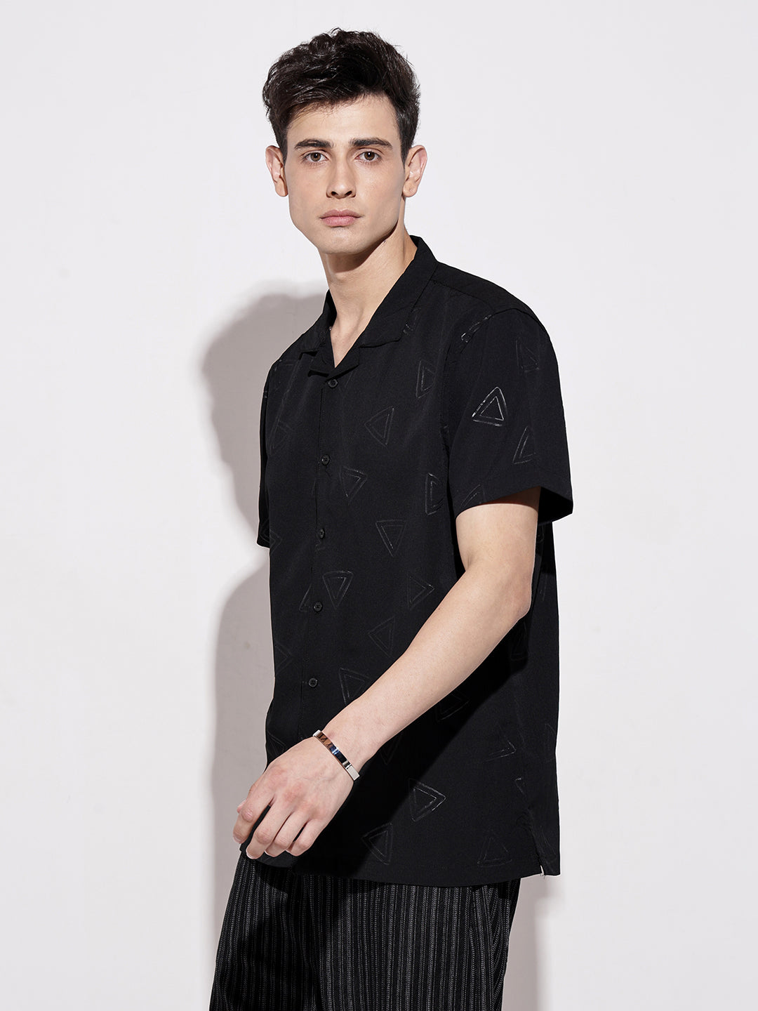 Men's Black Short Sleeve Cuban Collar Shirt with Geometric Pattern