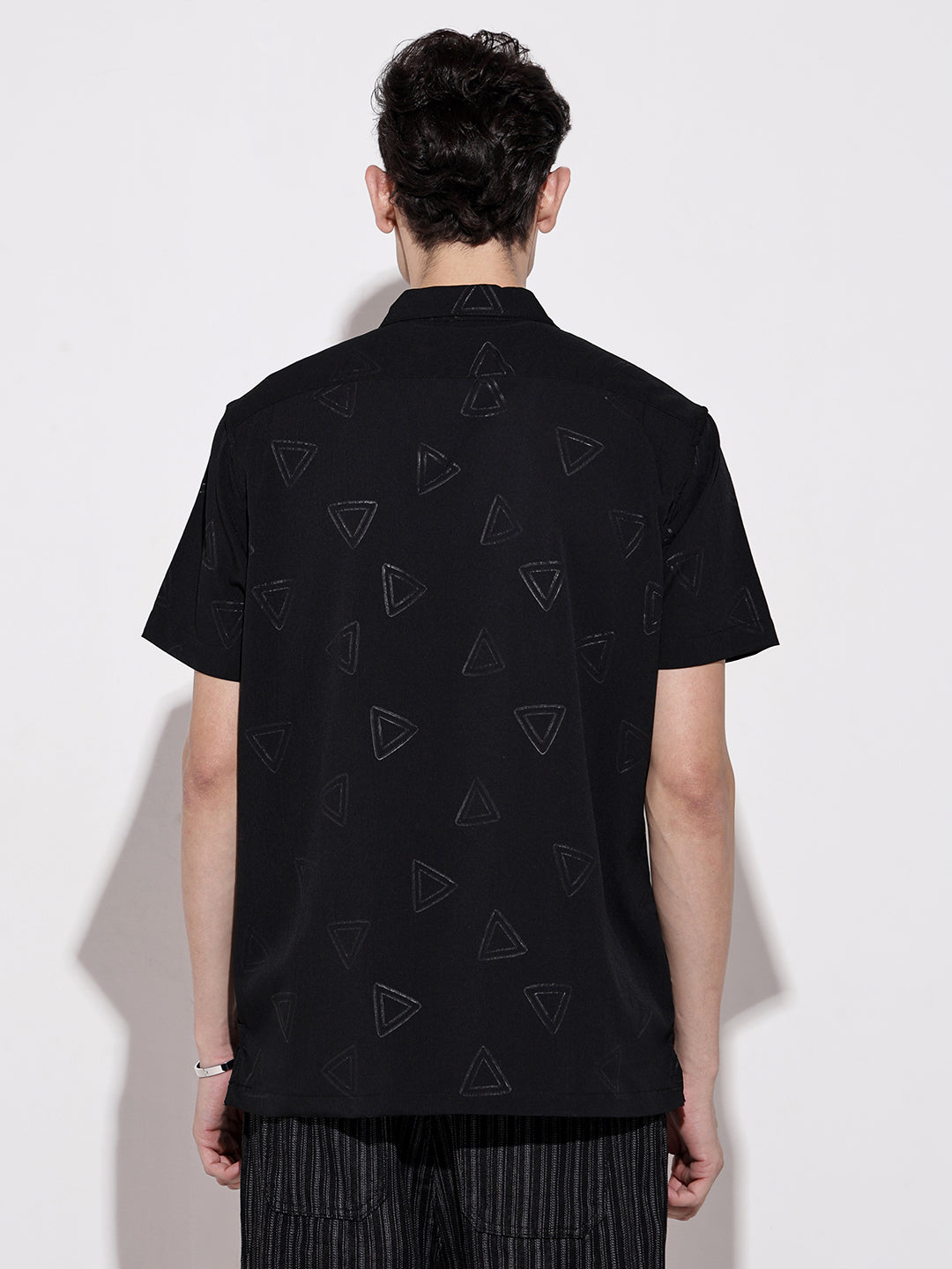 Men's Black Short Sleeve Cuban Collar Shirt with Geometric Pattern
