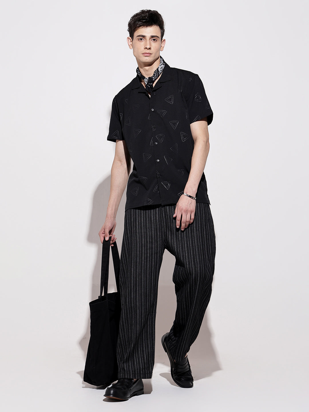 Men's Black Short Sleeve Cuban Collar Shirt with Geometric Pattern