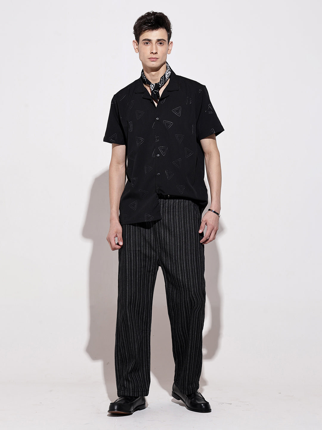 Men's Black Short Sleeve Cuban Collar Shirt with Geometric Pattern