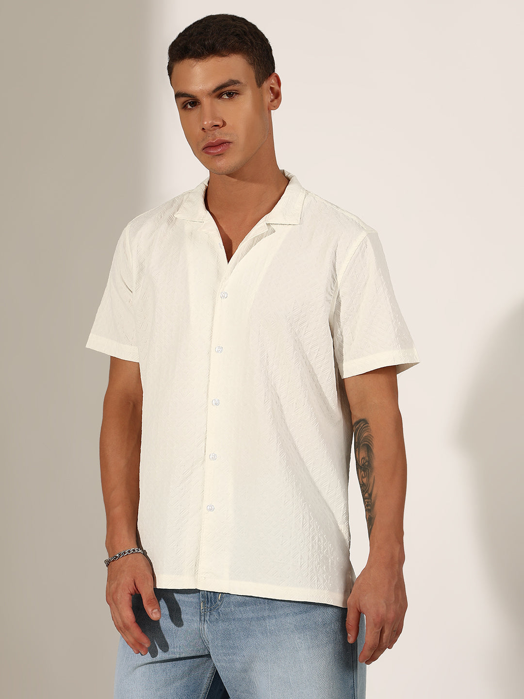 Men's Textured White Relaxed Fit Casual Shirt