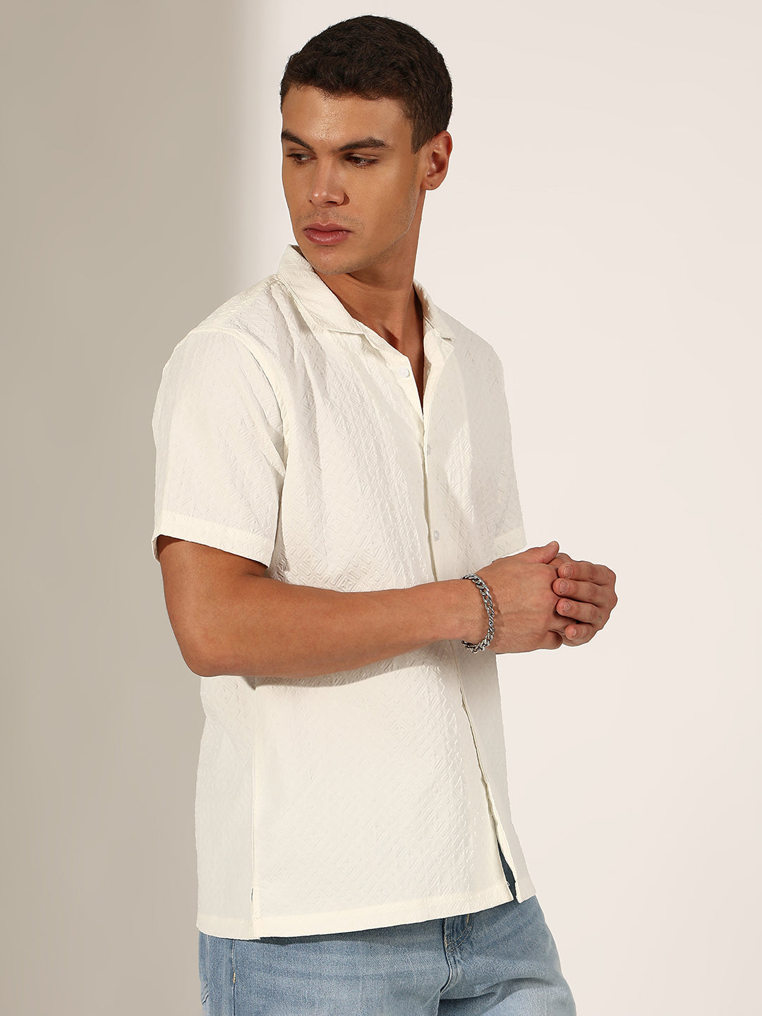 Men's Textured White Relaxed Fit Casual Shirt