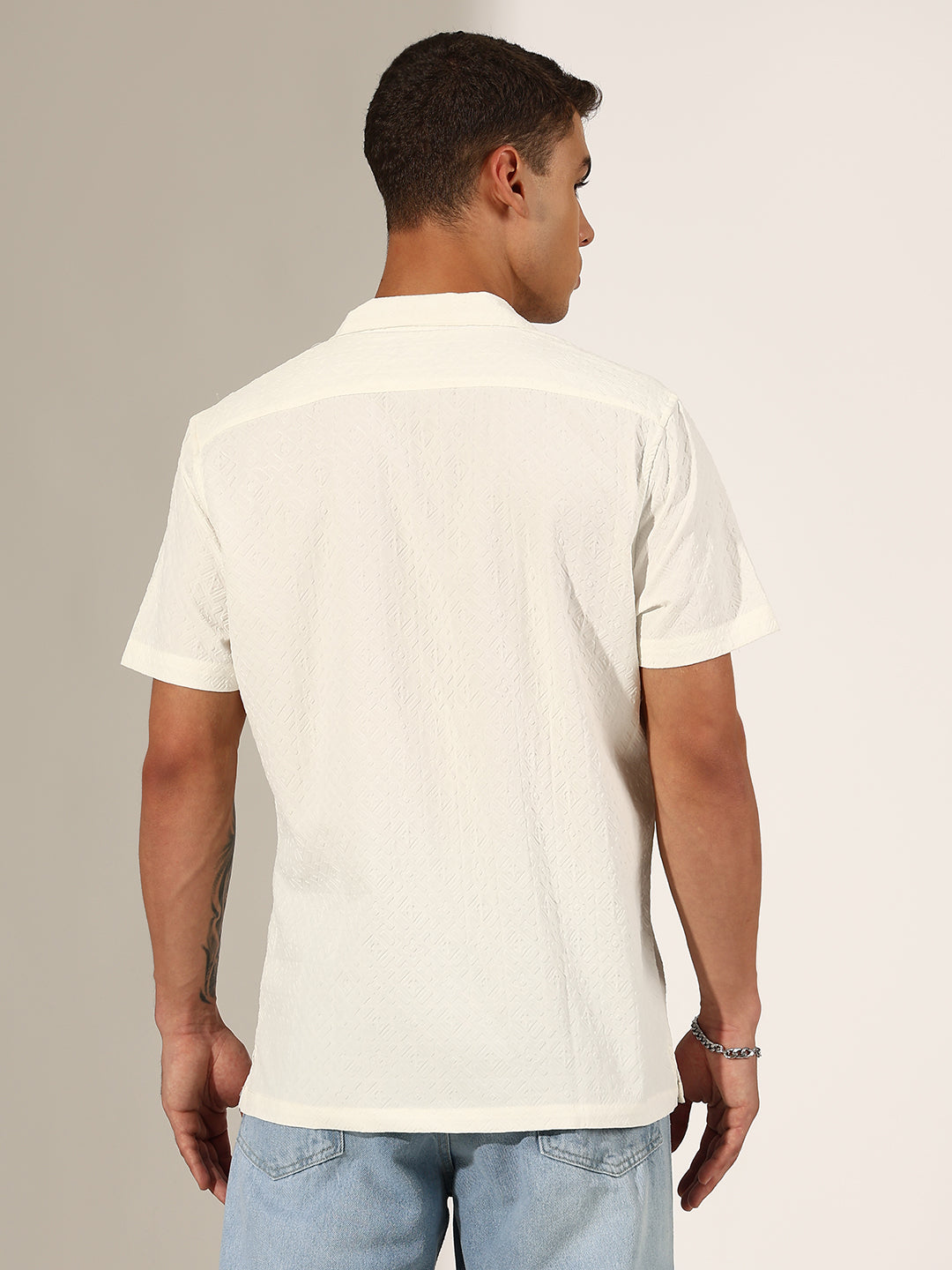 Men's Textured White Relaxed Fit Casual Shirt
