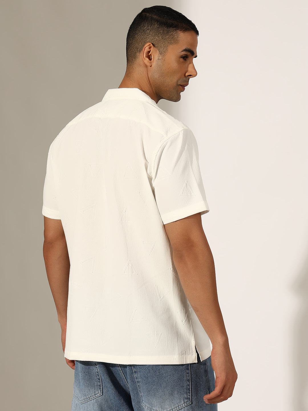 Men's Black Half Sleeve Cuban Collar Shirt with Embossed Geometric Pattern