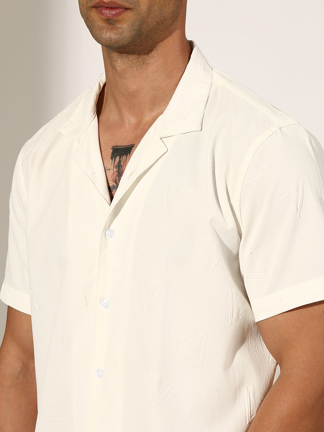 Men's Black Half Sleeve Cuban Collar Shirt with Embossed Geometric Pattern