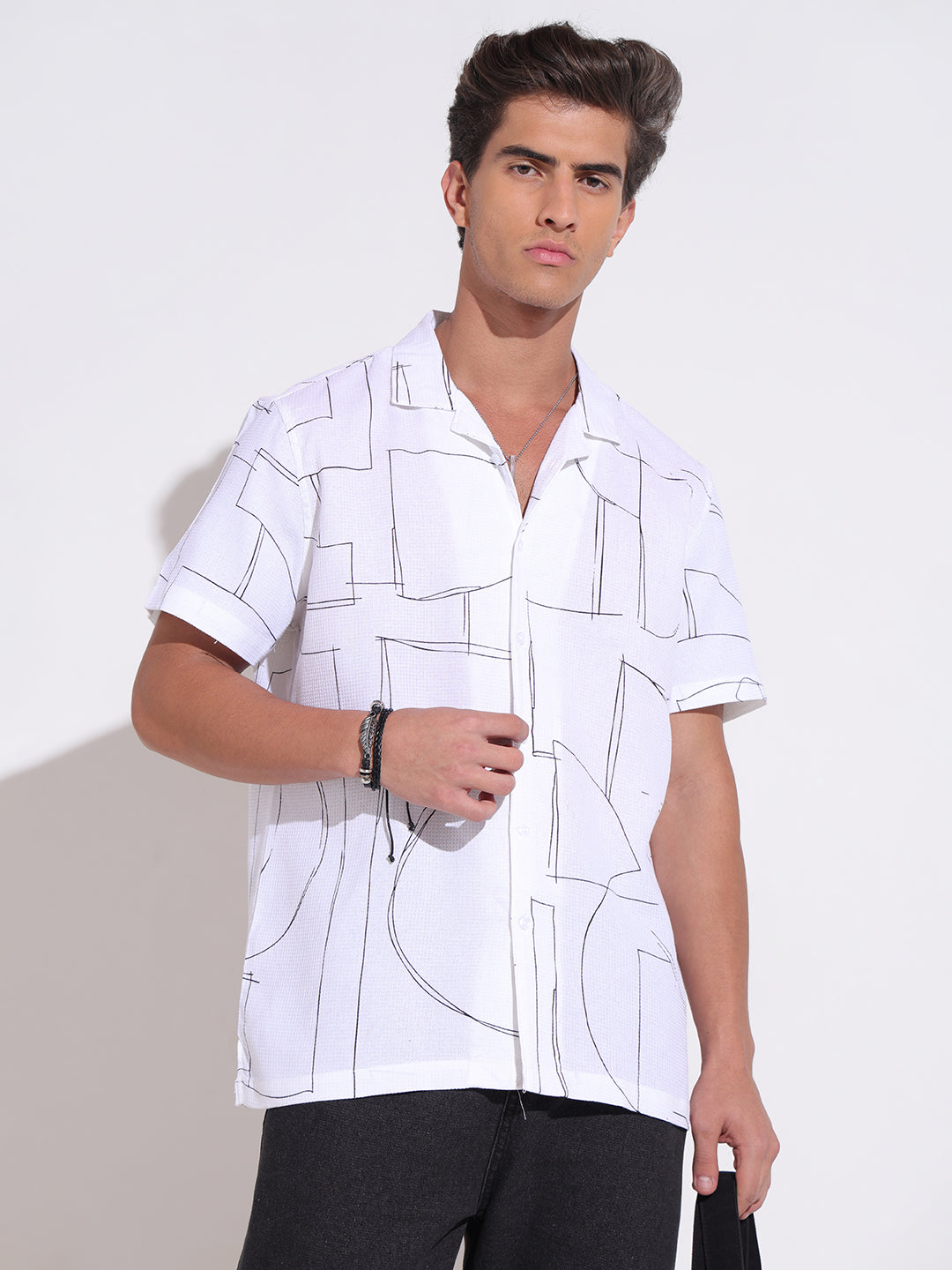 Men's Abstract Print White Relaxed Short Sleeve Shirt