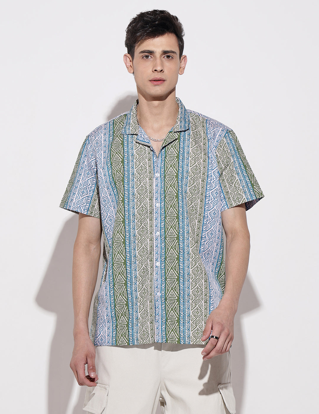 Men's Geometric Blue Short Sleeve Relaxed Fit Cuban Collar Shirt