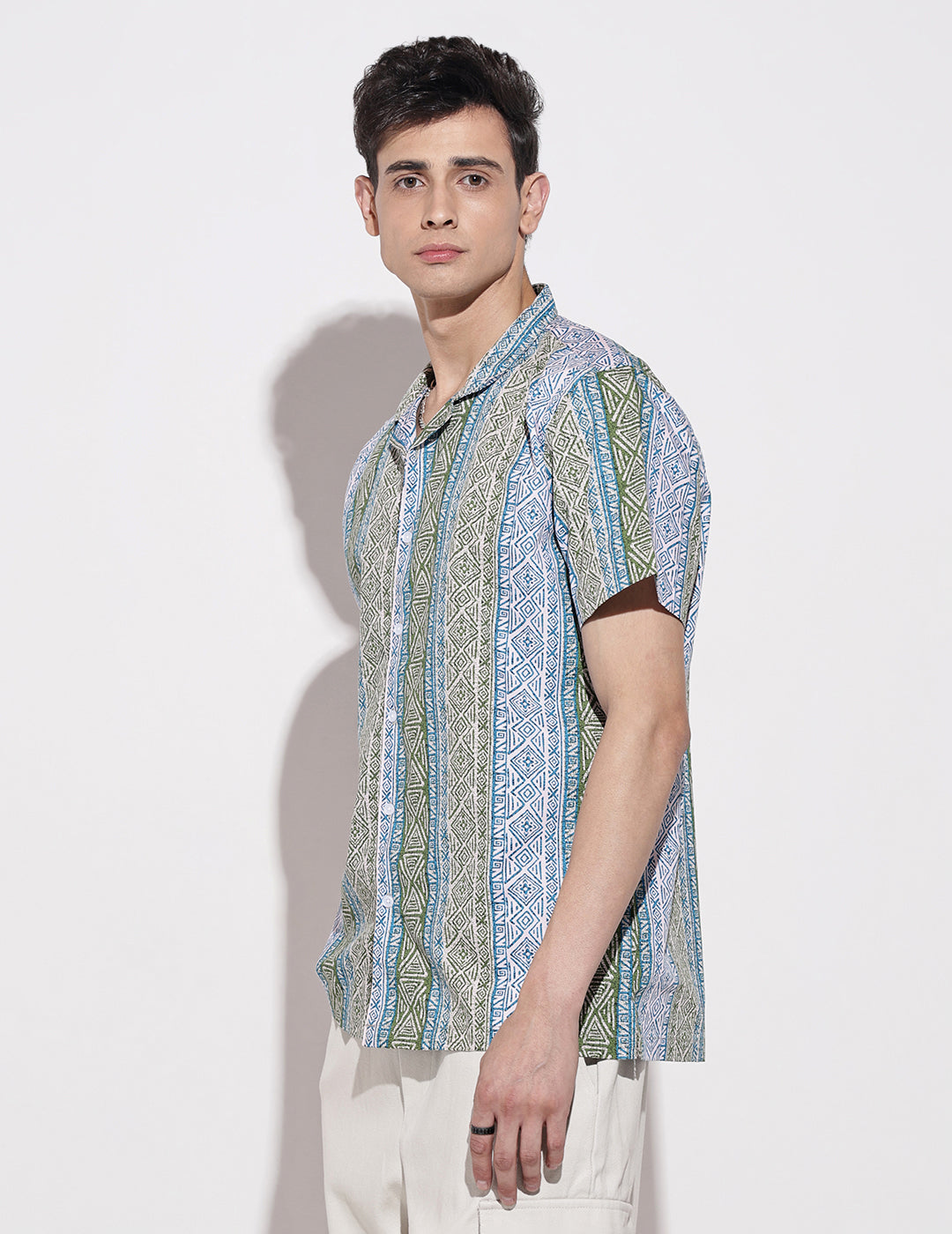 Men's Geometric Blue Short Sleeve Relaxed Fit Cuban Collar Shirt