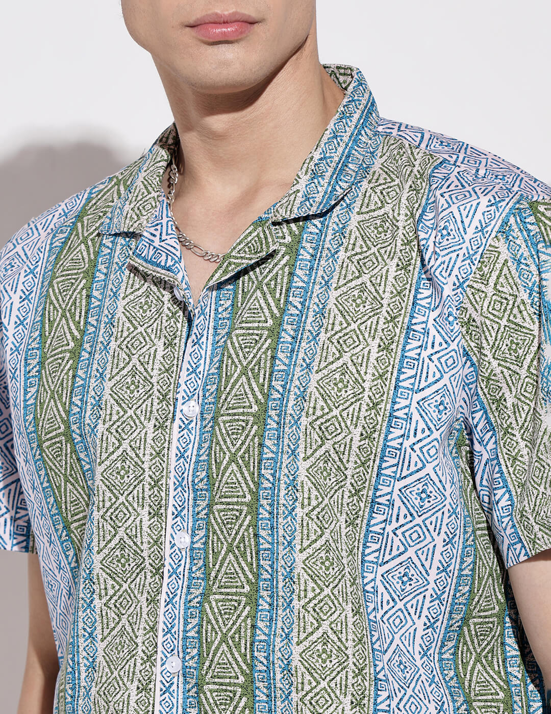 Men's Geometric Blue Short Sleeve Relaxed Fit Cuban Collar Shirt