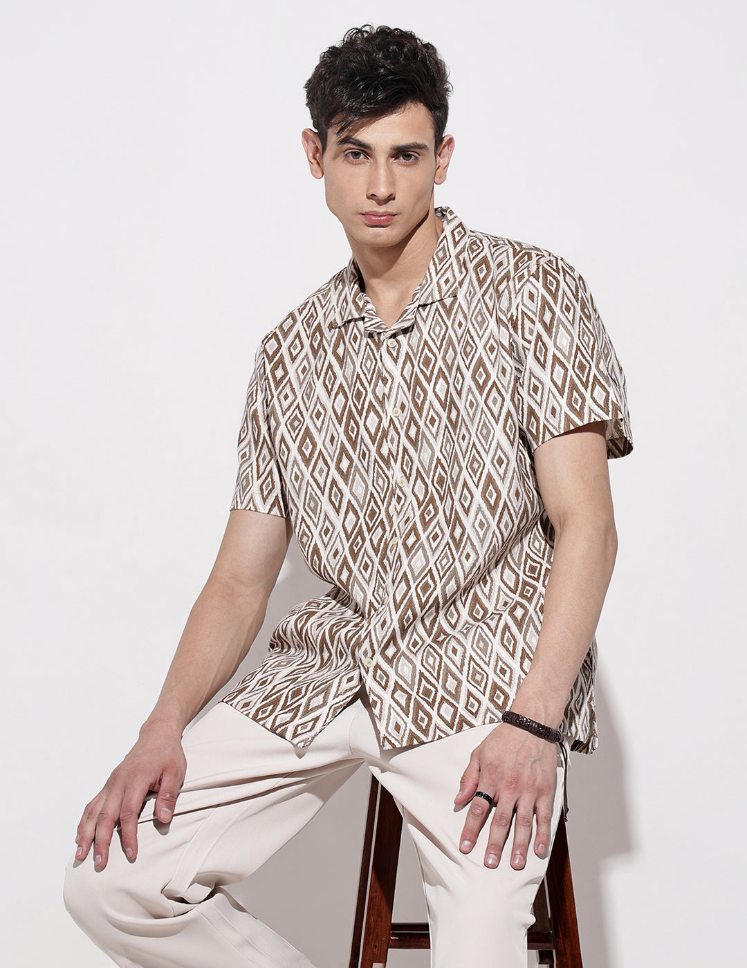 Men's Geometric Brown Short Sleeve Relaxed Fit Cuban Collar Shirt
