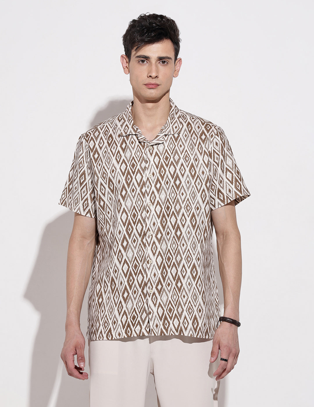 Men's Geometric Brown Short Sleeve Relaxed Fit Cuban Collar Shirt