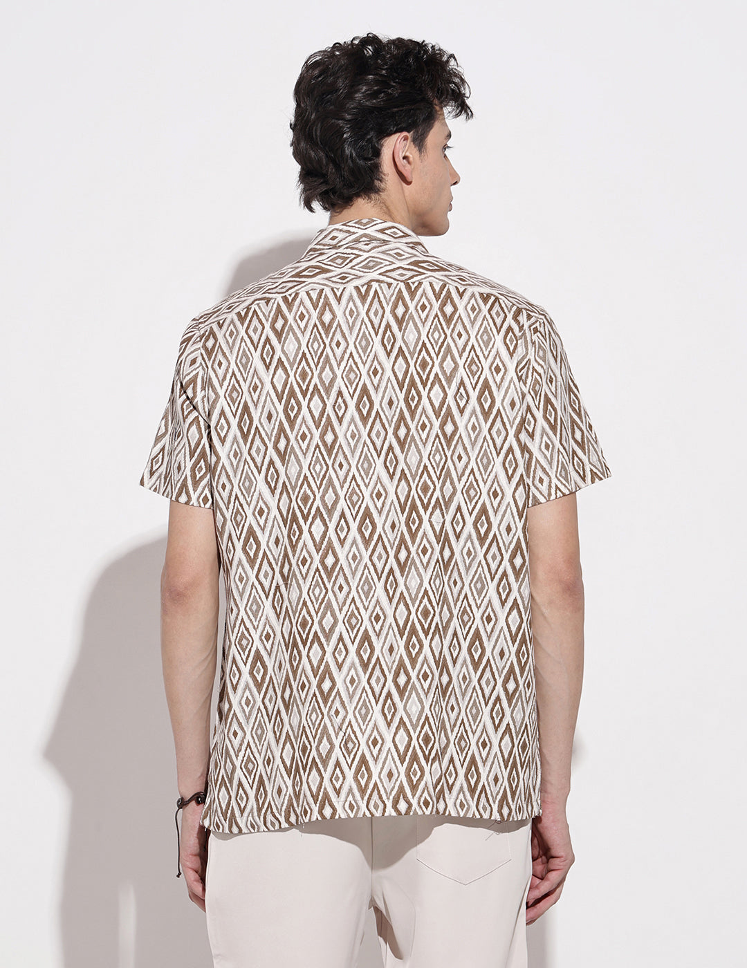 Men's Geometric Brown Short Sleeve Relaxed Fit Cuban Collar Shirt