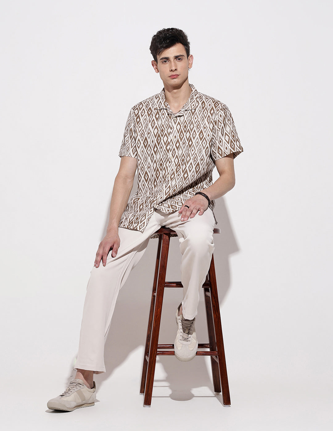 Men's Geometric Brown Short Sleeve Relaxed Fit Cuban Collar Shirt