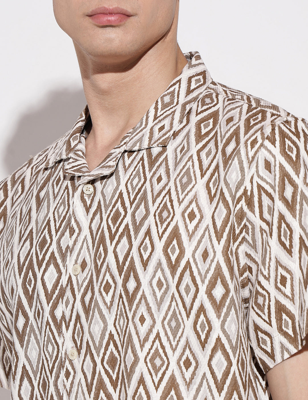 Men's Geometric Brown Short Sleeve Relaxed Fit Cuban Collar Shirt