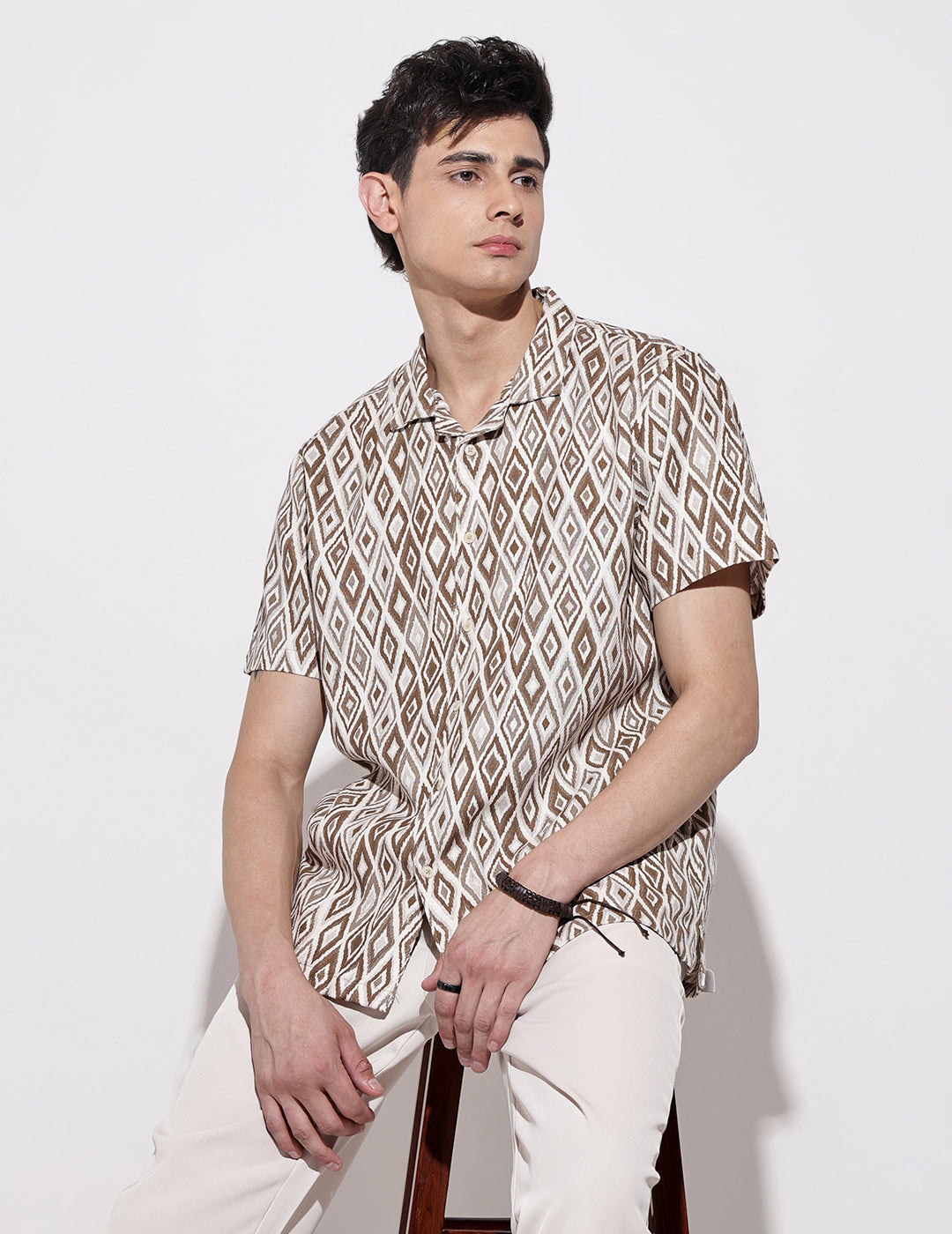 Men's Geometric Brown Short Sleeve Relaxed Fit Cuban Collar Shirt