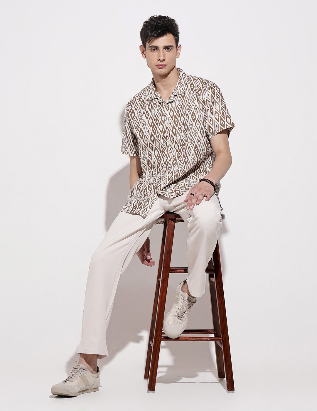 Men's Geometric Brown Short Sleeve Relaxed Fit Cuban Collar Shirt